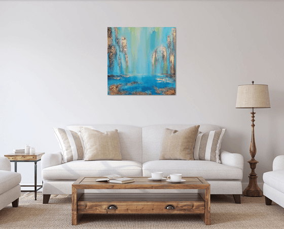 A large modern structured semi-abstract mixed-media painting "Waterfall"