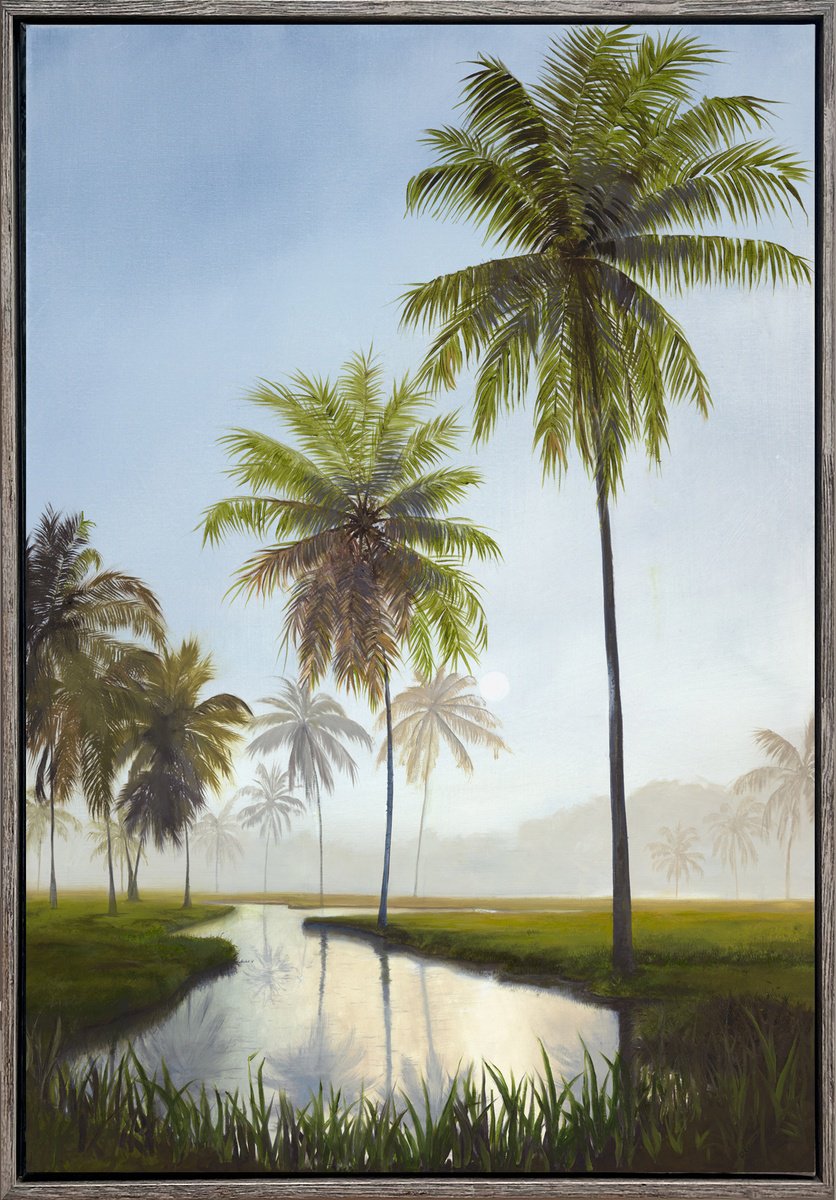 Impressionistic Landscape Oil Painting By Robert Kerr, 29 X 41", Palm Serenity, Original Artwork