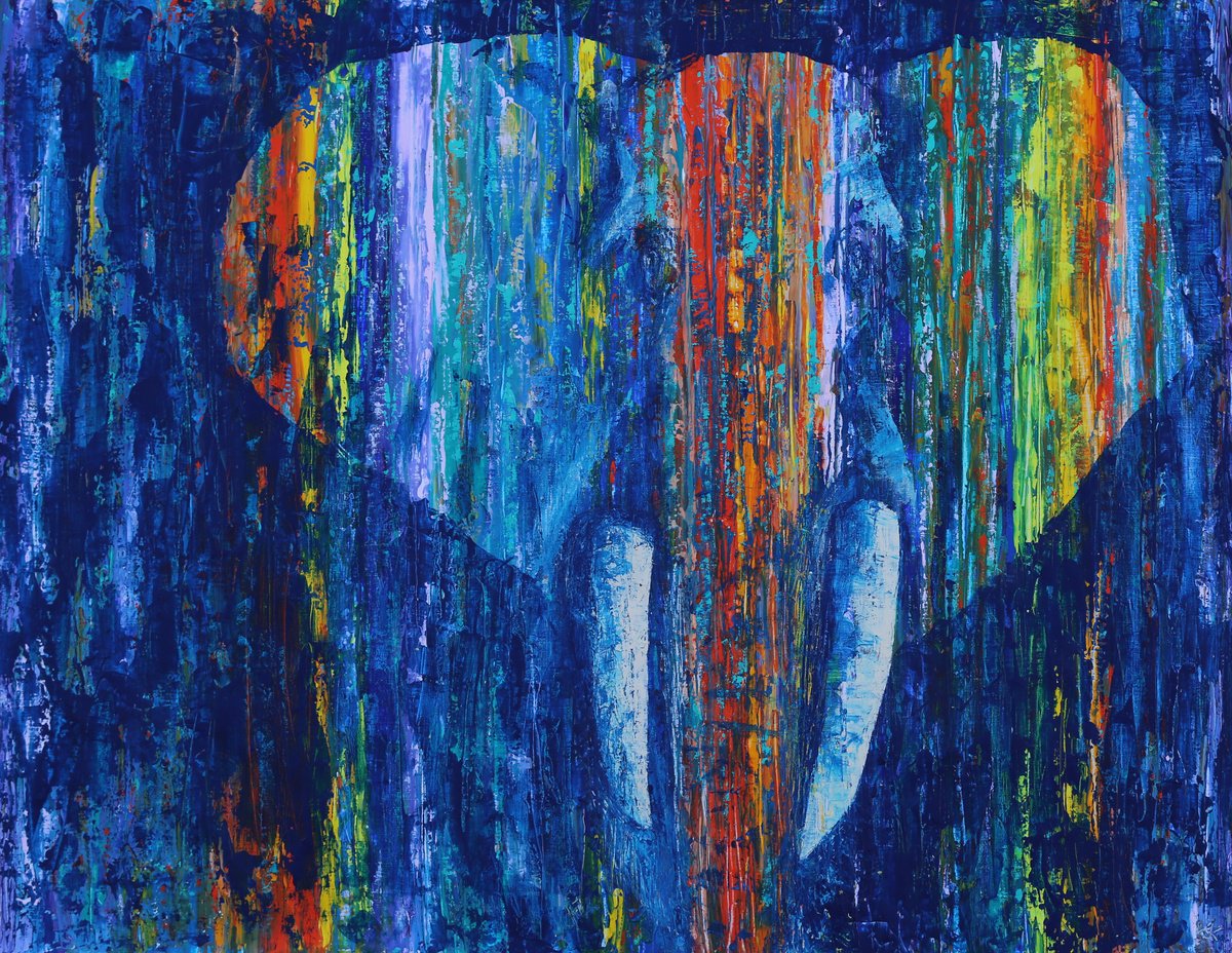 Impressionistic Animal Acrylic Painting By Denys Kuvaiev, 59 X 45, Elephant Blues, Original Artwork
