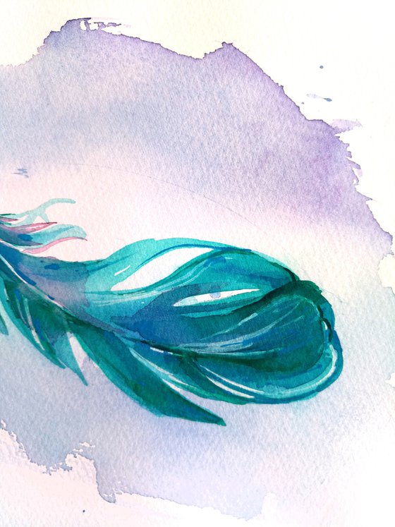 Still life "Fantasy bright blue-green feather of a bird" original watercolor painting square postcard
