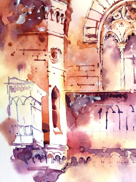 "Romantic architecture of Odessa" original watercolor painting in bright colors