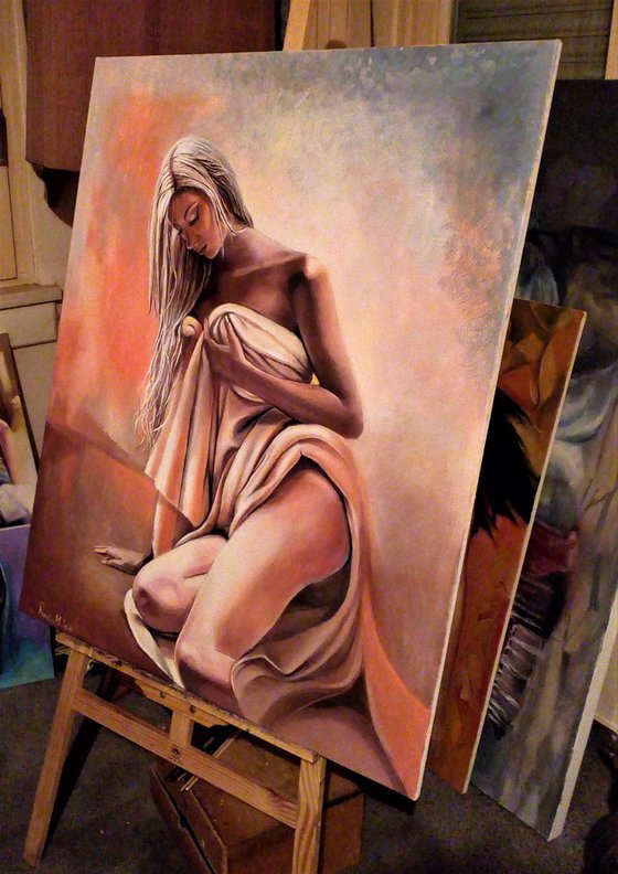 " Golden Memory " - 80 x 100cm Original Oil Painting Nude Erotic