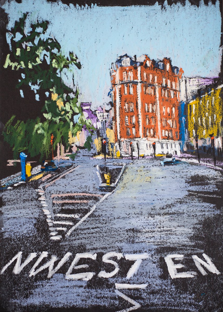 London walk. Original oil pastel painting. Small city street scene impressionism impressio... by Sasha Romm