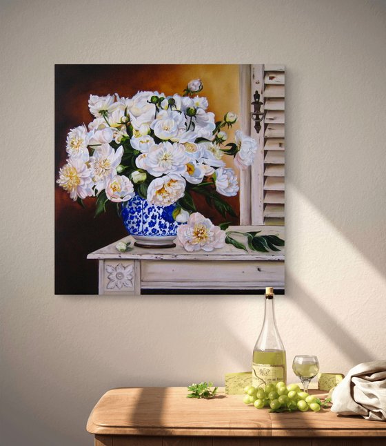 White Peonies in Blue Vase