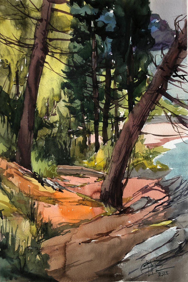 Impressionistic Landscape Watercolour By Olga Beloborodova, 14 X 20", Pines, Original Artwork