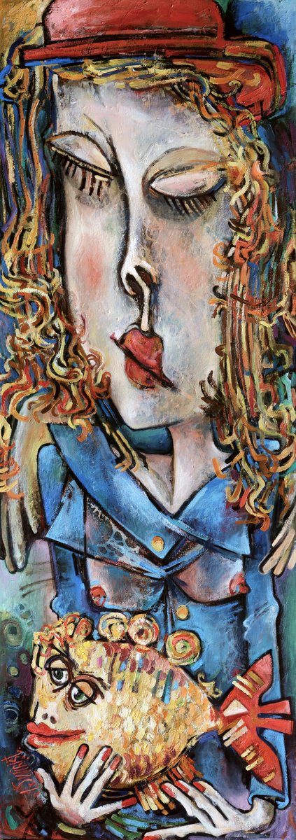 Expressive Portrait Oil Painting By Nikifor Swiristuhin, 20 X 55", - The Girl And Three Wishes - ?, Original Artwork