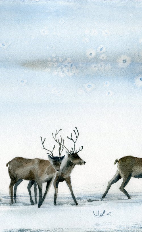 Reindeer. Winter landscape with walking deer. Original watercolor artwork. by Evgeniya Mokeeva