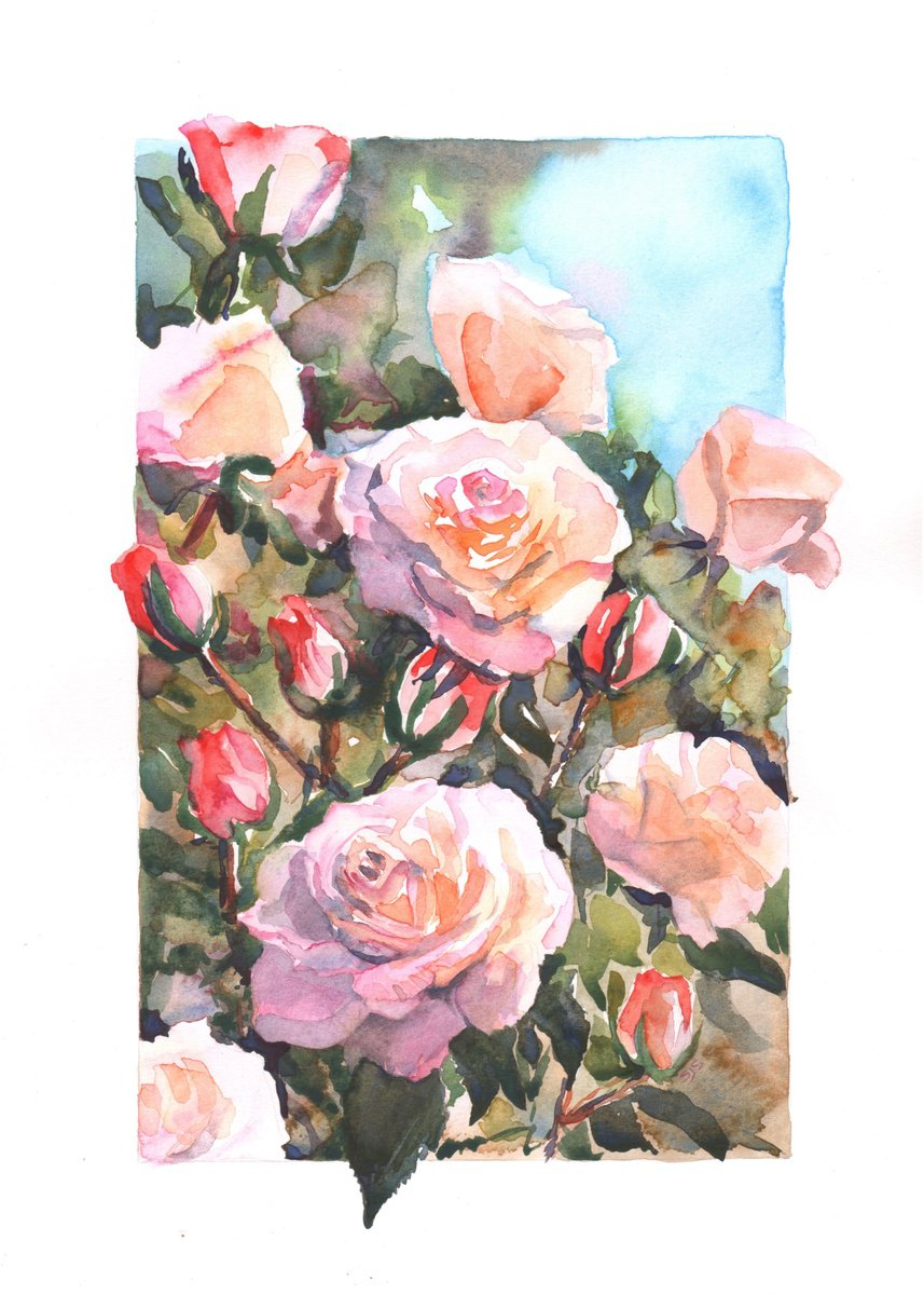 Impressionistic Botanical Watercolour By Sarah Stowe, 10 X 14", Within The Rose Garden, Original Artwork
