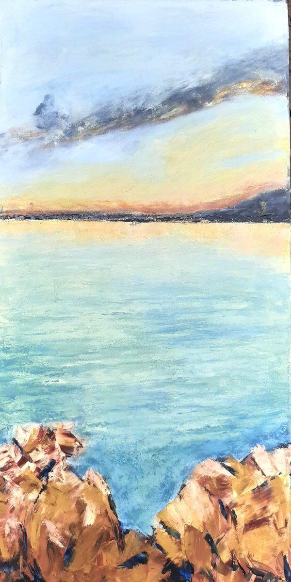 Expressive Landscape Acrylic Painting By Michele Paris, 18 X 36", Coucher De Soleil Au Lac #340, Original Artwork