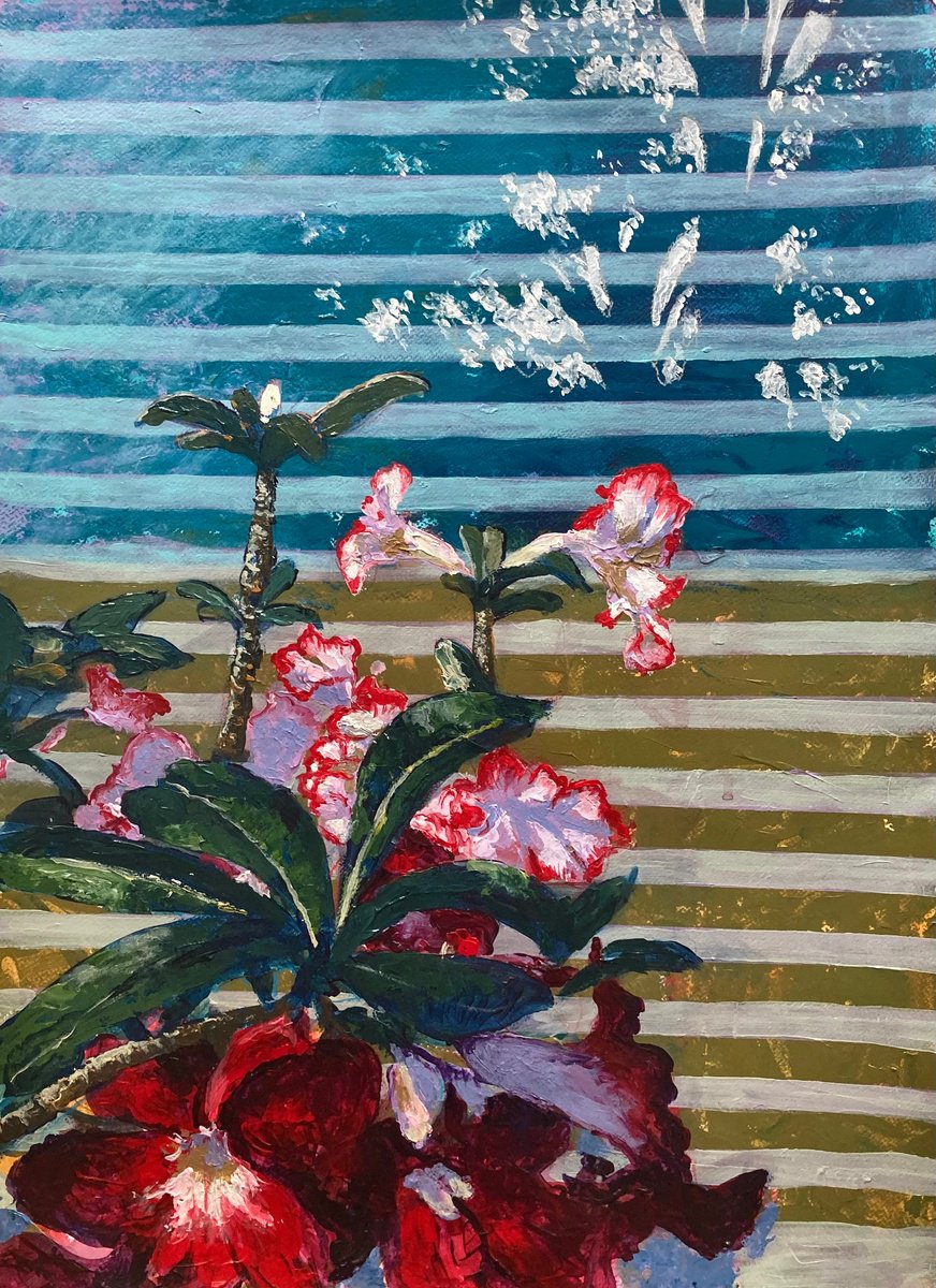Impressionistic Botanical Acrylic Painting By John Cottee, 22 X 30, Desert Rose By The Window, Original Artwork