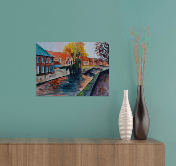 Bruges watercolour painting, Brugge cityscape wall art, Belgium