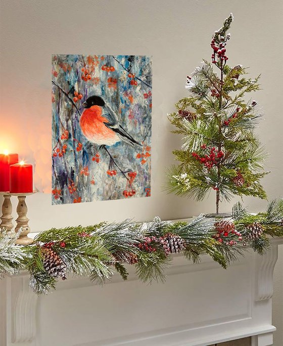 Christmas bullfinch original oil painting on canvas, Cute winter bird