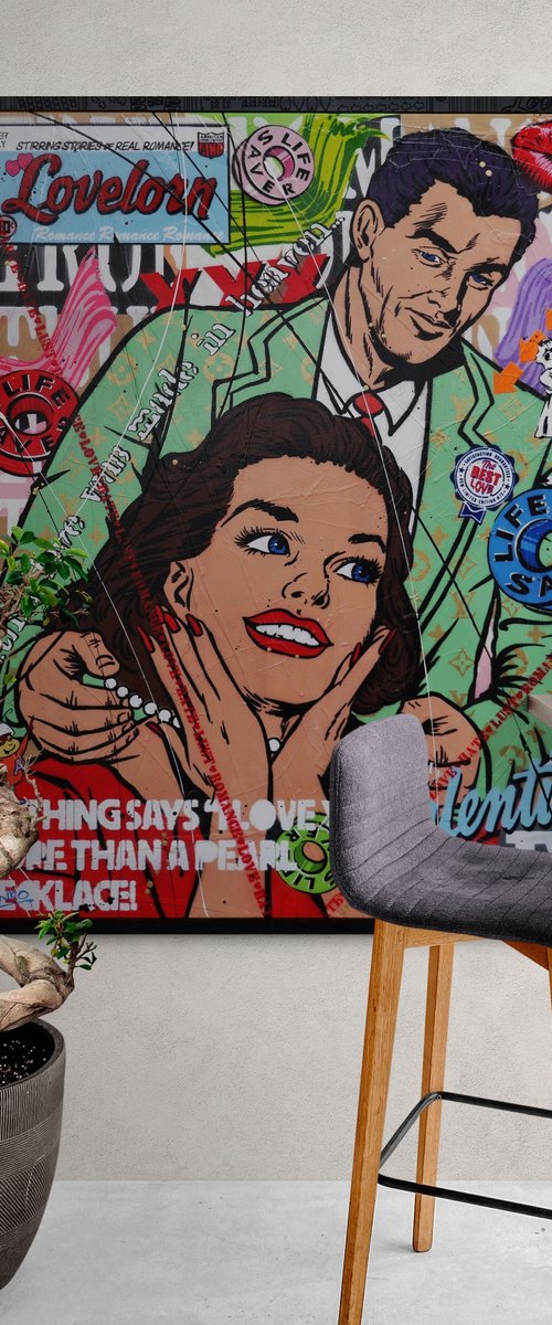 Love and Pearl Necklaces 120cm x 150cm Textured Urban Pop Art With Etched Frame by Franko