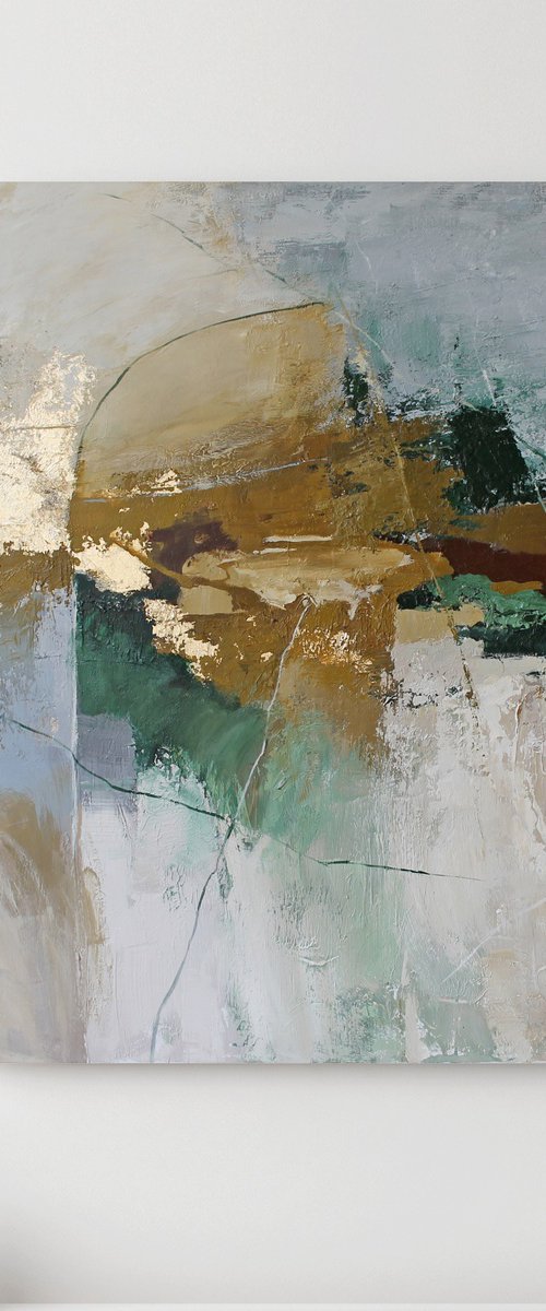 "Cliff 2" Green gray gold abstract art by Yana Sagan