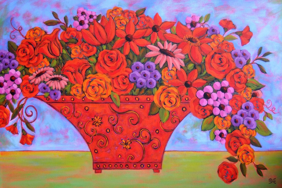 Impressionistic Botanical Acrylic Painting By Karen Rieger, 36 X 24", Mixed Bouquet With Red Vase, Original Artwork