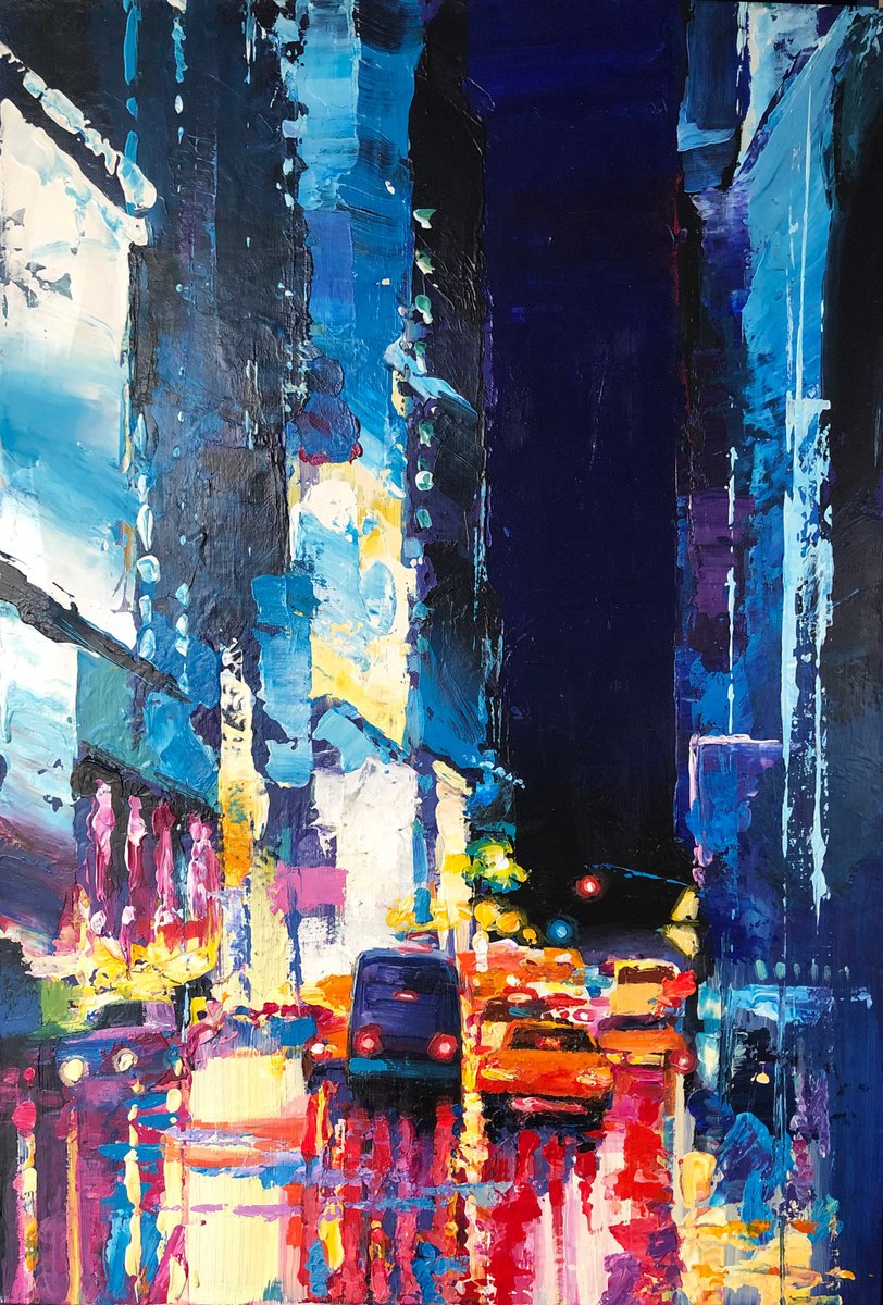 Expressive Still Life Acrylic Painting By Viacheslav Zaykin, 20 X 29", New York Night. Rain | Expressive Night, Original Artwork