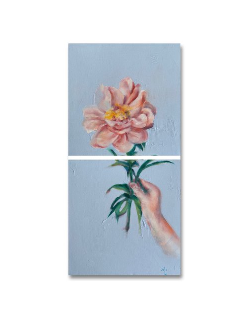 Hand with a peony in pastel and calm colors on background by Alina Lobanova