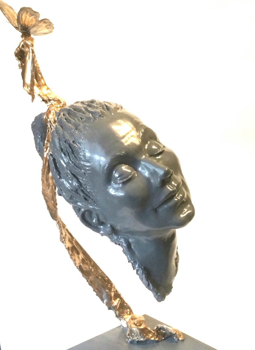 Expressive Portrait Clay Sculpture By Elena Kraft, 14 X 22, Flying Connections.butterfly, Original Artwork
