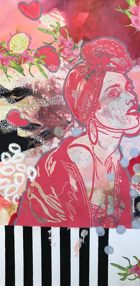 Urban And Pop Portrait Painting By Marita Tobner, 24 X 47", Miss American Pie, Original Artwork