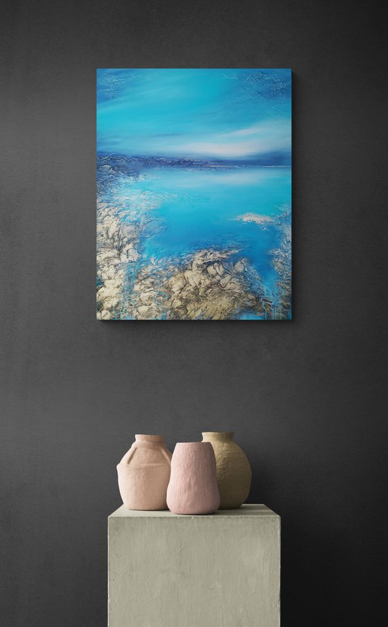 A XL large original modern semi-abstract painting "Blue Lagoon"