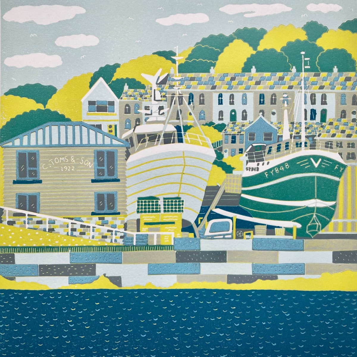 Illustrative Landscape Linocut By Nathalie Pymm Art, 12 X 12", Boatyard, Original Artwork