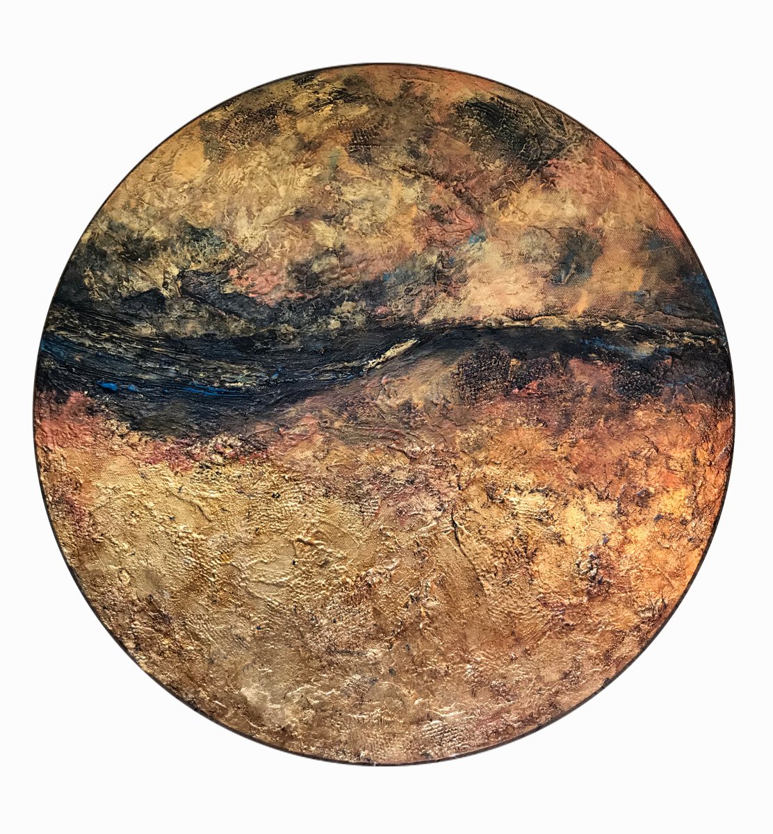 Golden Landscape - original abstract painting on round canvas by Adriana Vasile