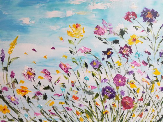 Summer heat, flowers, sky,  gift, oil palette knife painting