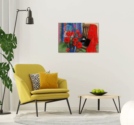 Black cat with Poppies