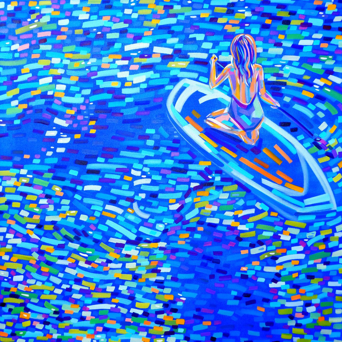 Impressionistic Portrait Oil Painting By Van Lanigh, 31 X 31", Go With The Flow, Original Artwork