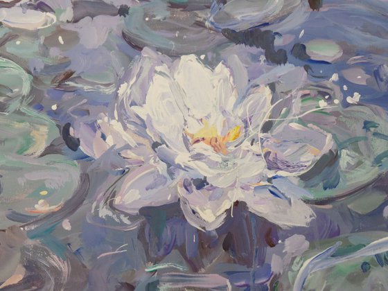 Large painting 160x100 cm unstretched canvas "Lilies in a dark water" i030 original artwork by Airinlea