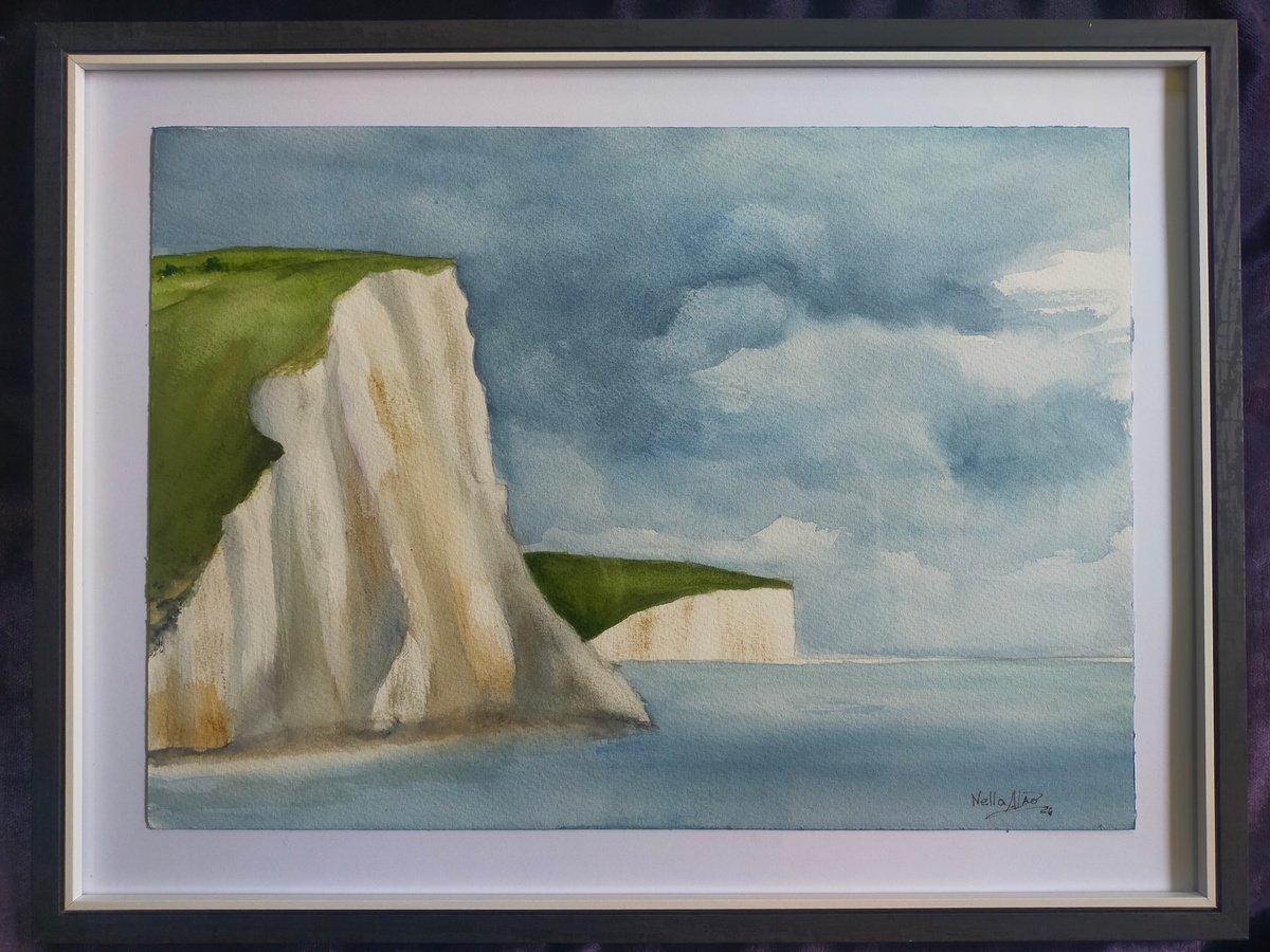 Landscape Watercolour By Nella Alao, 17 X 13", White Cliffs At Seven Sisters, Original Artwork