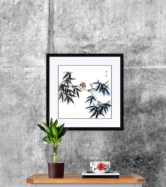 Two birds on a bamboo branch with indigo background - Oriental Chinese Ink painting