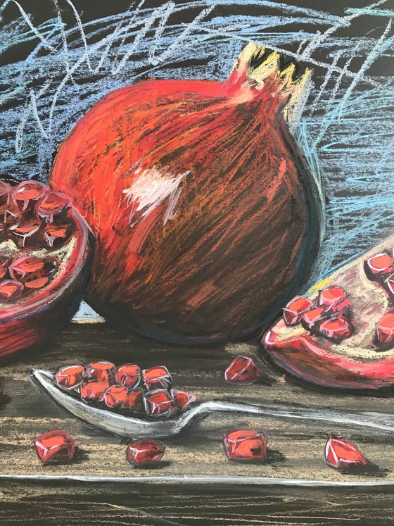 Pomegranates still life pastel drawing 27x39 cm