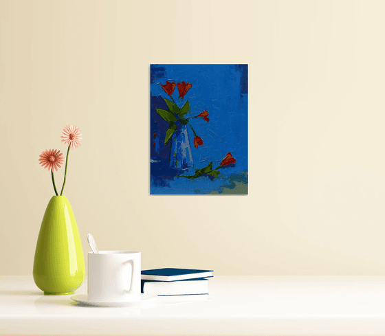 Still life painting with flowers in blue. Palette knife art