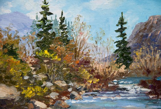 Mountain stream. Oil painting. Miniature. 6 x 6in.