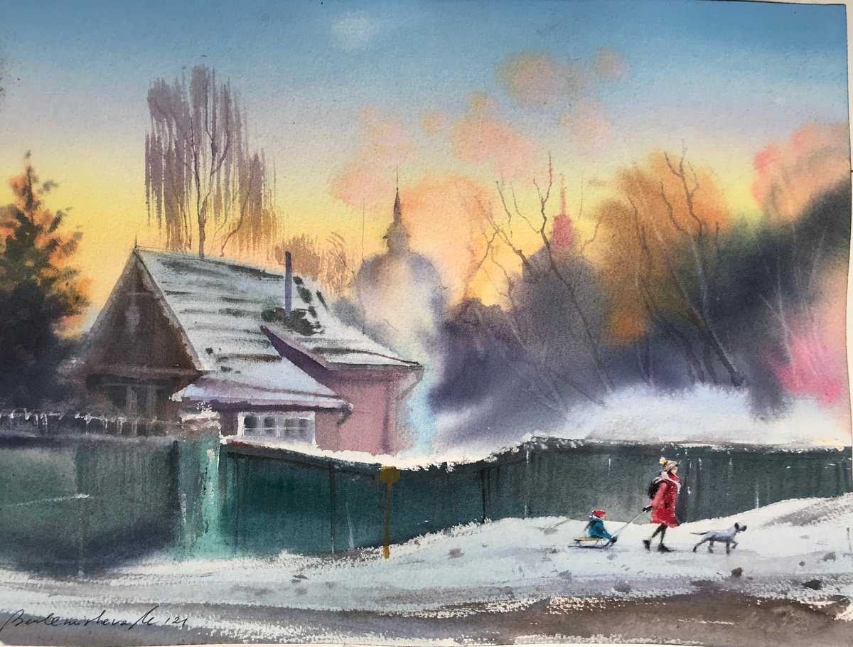 Village houses. Winter landscape. by Maria Beklemisheva