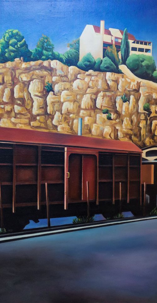 Big Oil painting, Wagon et train à Cerbère ( Youth artwork ) by Lionel Le Jeune