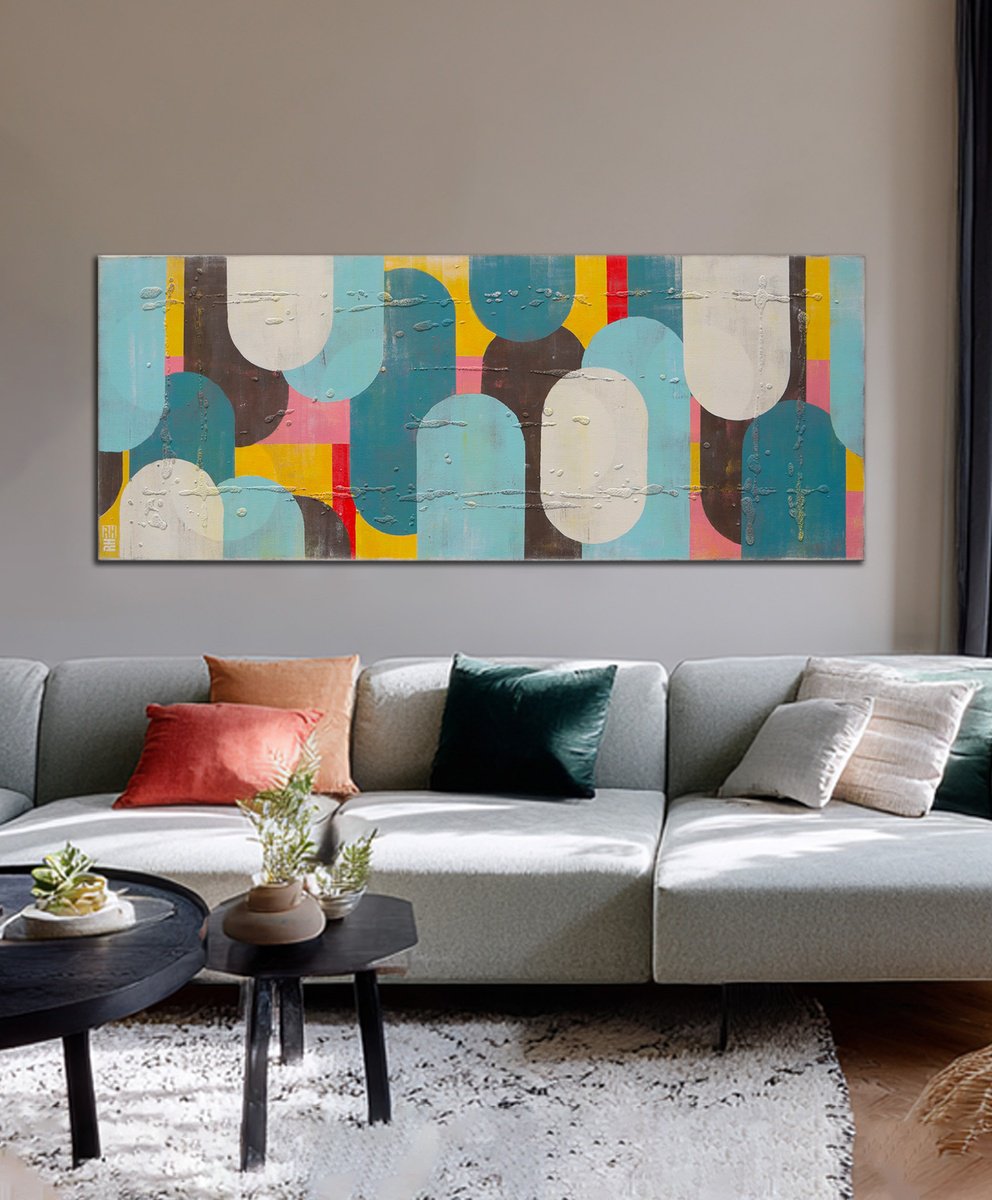 Abstract Acrylic Painting By Ronald Hunter, 59 X 24", Traffic Pink Landscape, Original Artwork