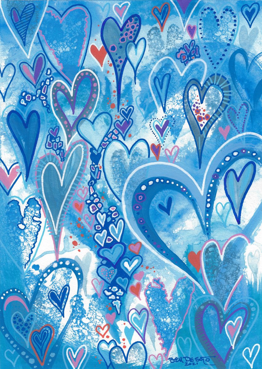 Geometric Abstract Painting By Ben De Soto, 10 X 14, Blue Love, Original Artwork