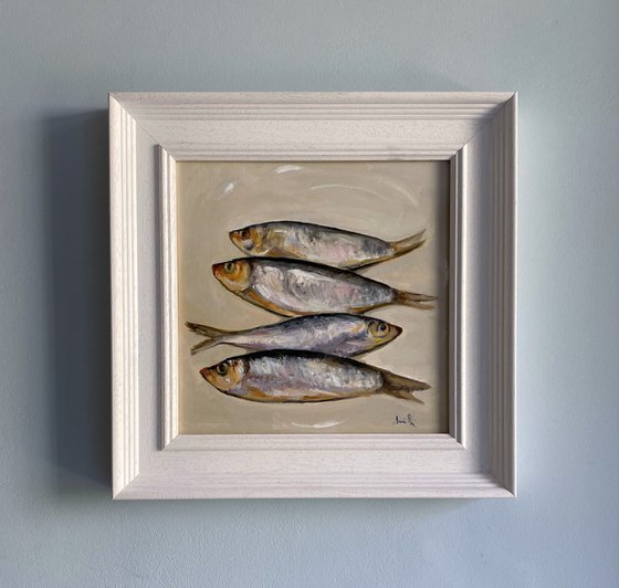 Original oil painting Framed Four Fish Still Life Contemporary Artwork