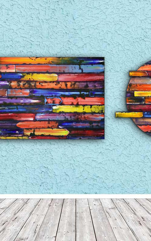"Inseparable" - Save As A Series - Original PMS Sculptural Oil Painting Assemblage Diptych On Circular Wooden Panels - 79 x 24 inches by Preston M. Smith (PMS)