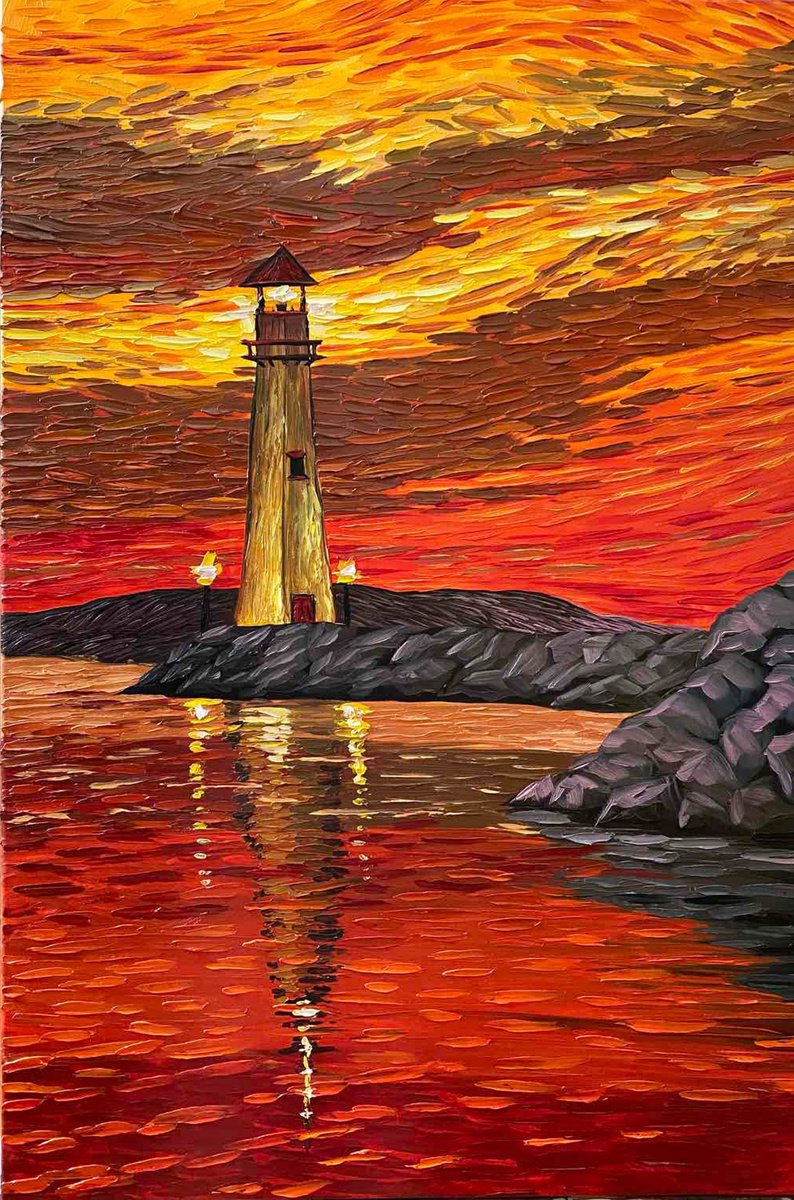 Sunset Lighthouse (Van Gogh Style) by Elena Adele Dmitrenko