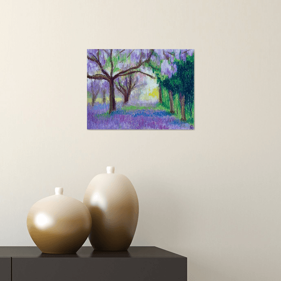 Garden Original Painting, Purple Tree Oil Pastel Drawing, Floral Wall Art, Gift for Her