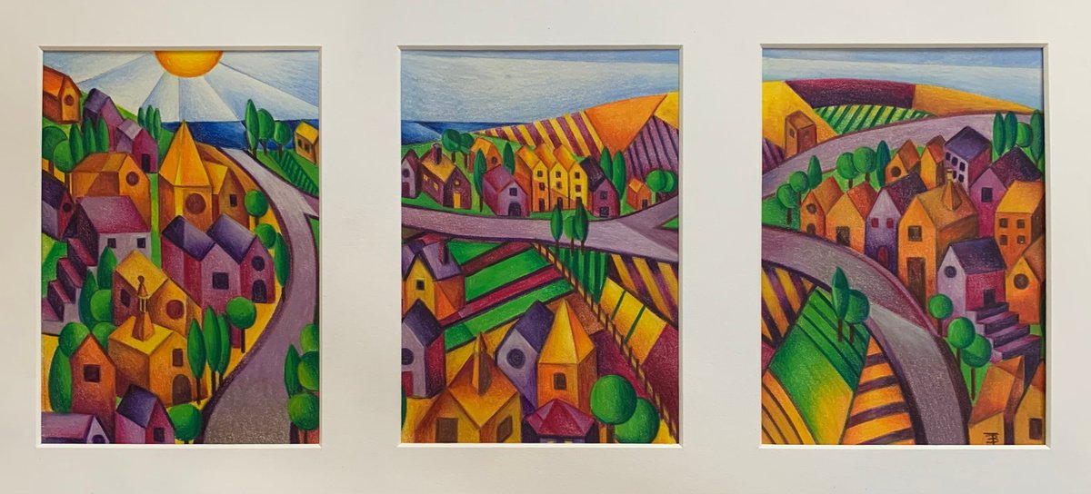 Geometric Cityscapes Pencil Drawing By Tiffany Budd, 20 X 10", Mulberry Hill Triptych, Original Artwork