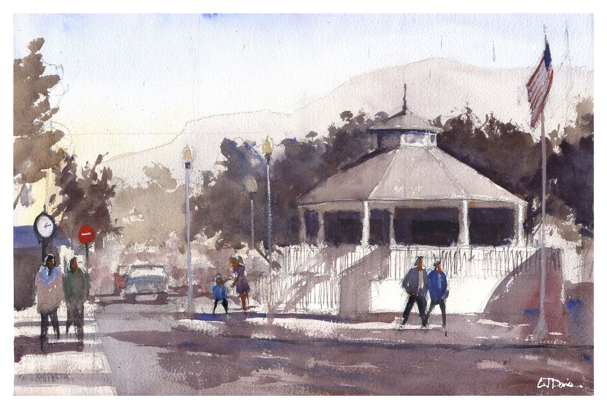 Impressionistic Cityscapes Watercolour By Cj Davis, 22 X 15, Upland Gazebo, Original Artwork