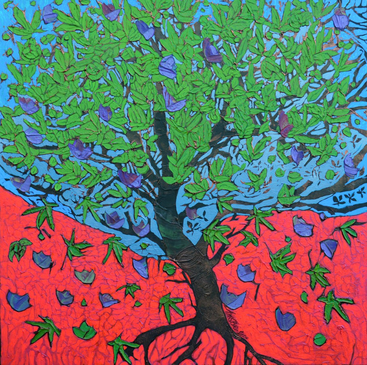 Abstract Landscape Acrylic Painting By Anna Styrc, 39 X 39, Falling Leaves, Original Artwork