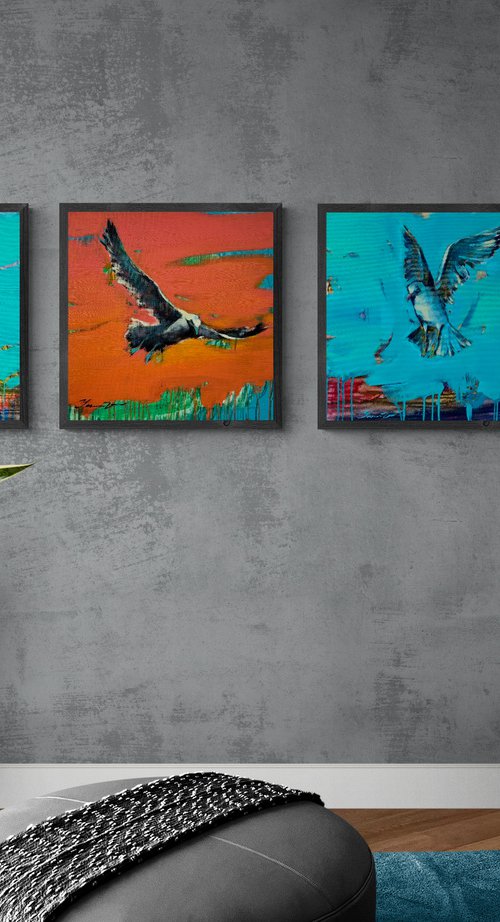 Huge bright triptych - "Sea ​​breeze" - Pop Art - Bird - Sea - Ocean - Seagull - Triptych - Sunset by Yaroslav Yasenev