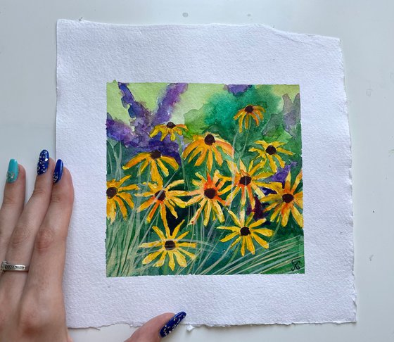 Flower Original Watercolor Painting, Yellow Wildflowers Artwork, Floral Wall Art, Coneflower Illustration