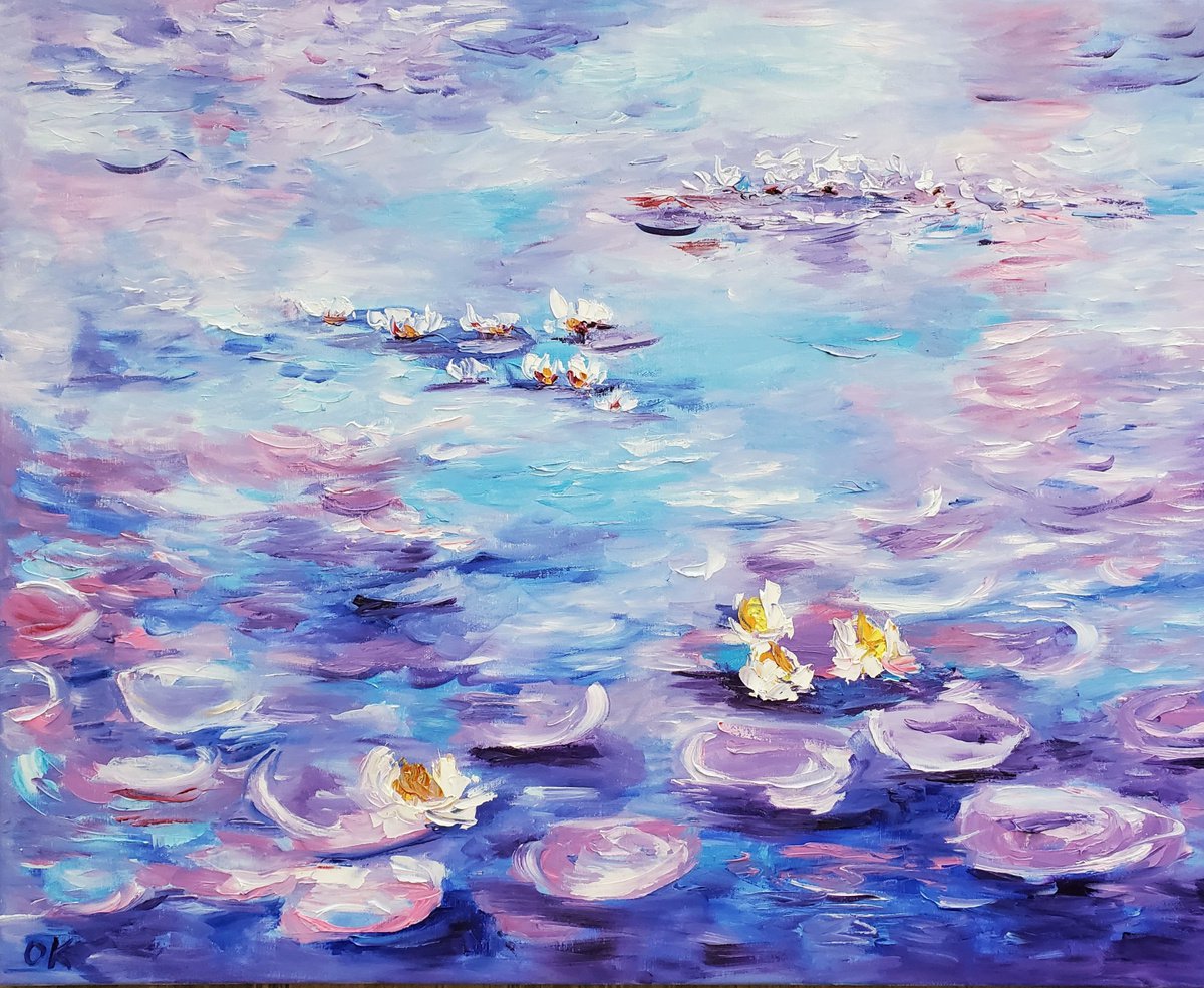 Water Lilies (81x 66 cm ) inspired by Claude Monet sunrise in a garden in purple, turquo... by Olga Koval