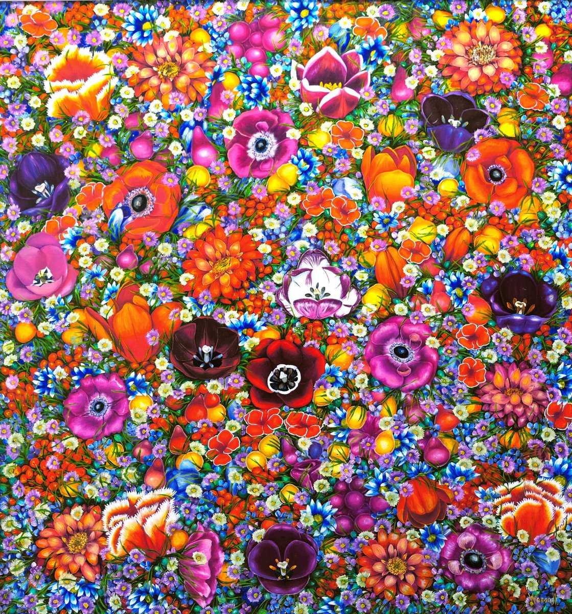 Expressive Botanical Oil Painting By Anastasia Woron, 31 X 31, Flowers Love For Red, Original Artwork